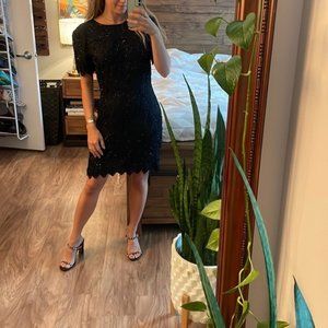 Vintage Stenay Black Beaded Dress Small Short Sleeve Cocktail Party Silk